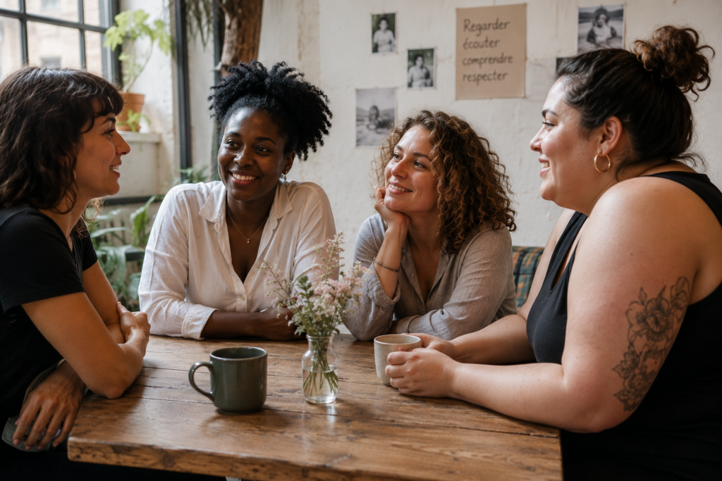 Conversation entre amies autour d'une table